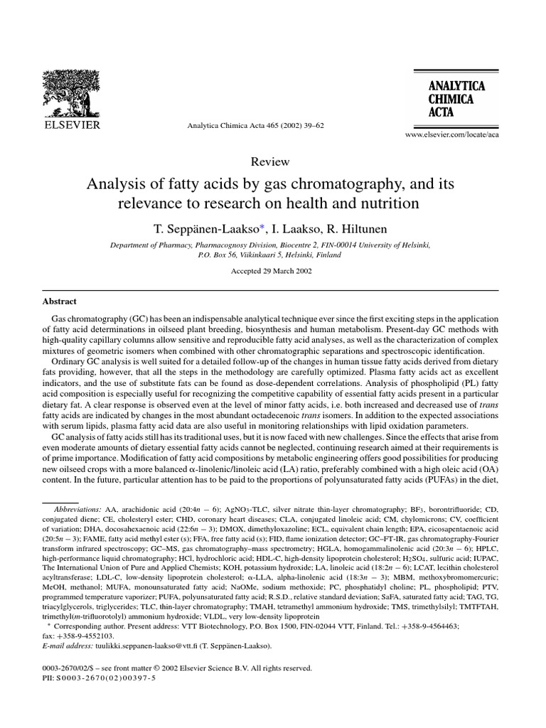 Analysis of Fatty Acids by Gas Chromatography PDF Gas