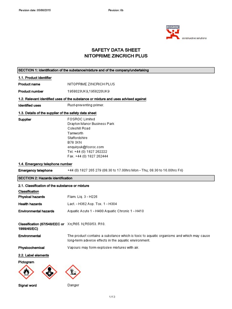 Safety Data Sheet Nitoprime Zincrich Plus Revision Date 05/08/2015