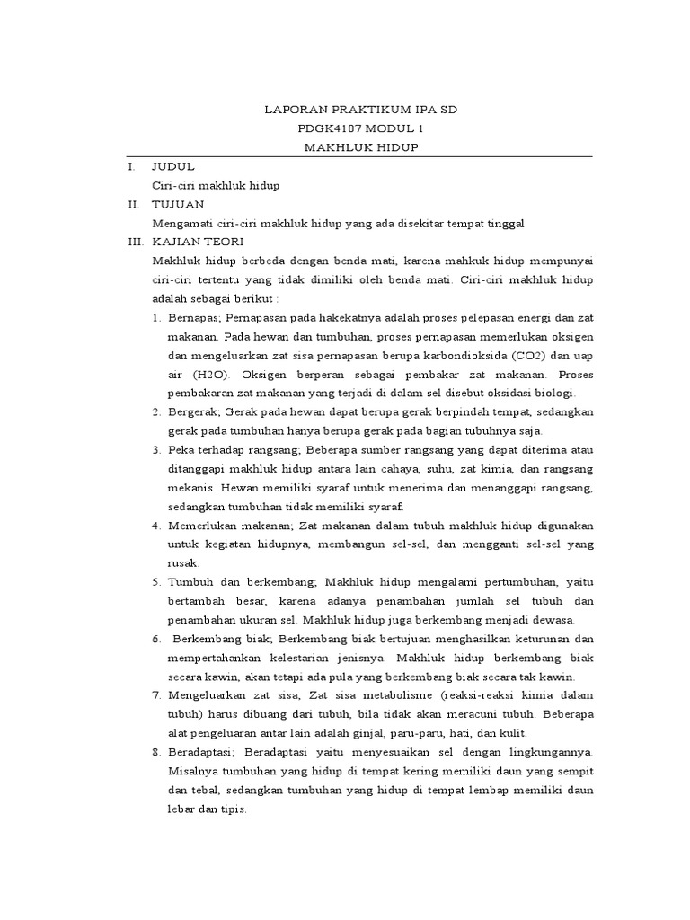 Laporan Praktikum Ipa SD Ciri-Ciri Makhluk Hidup | PDF