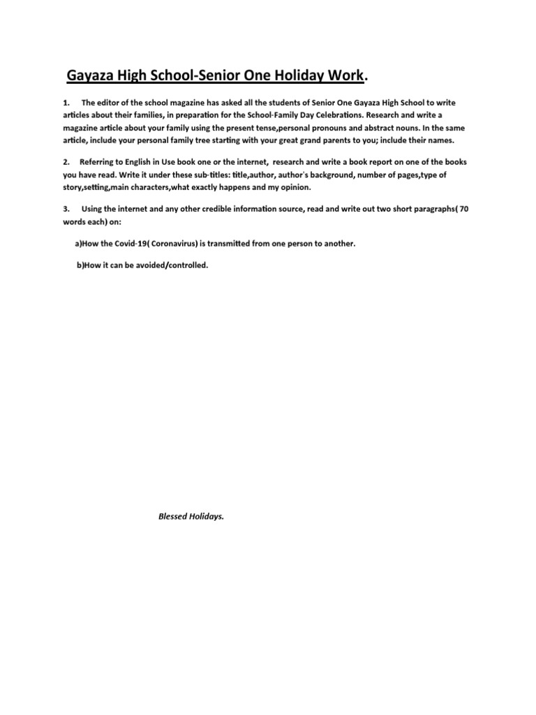 Gayaza High SchoolSenior One Holiday Work. Blessed Holidays PDF