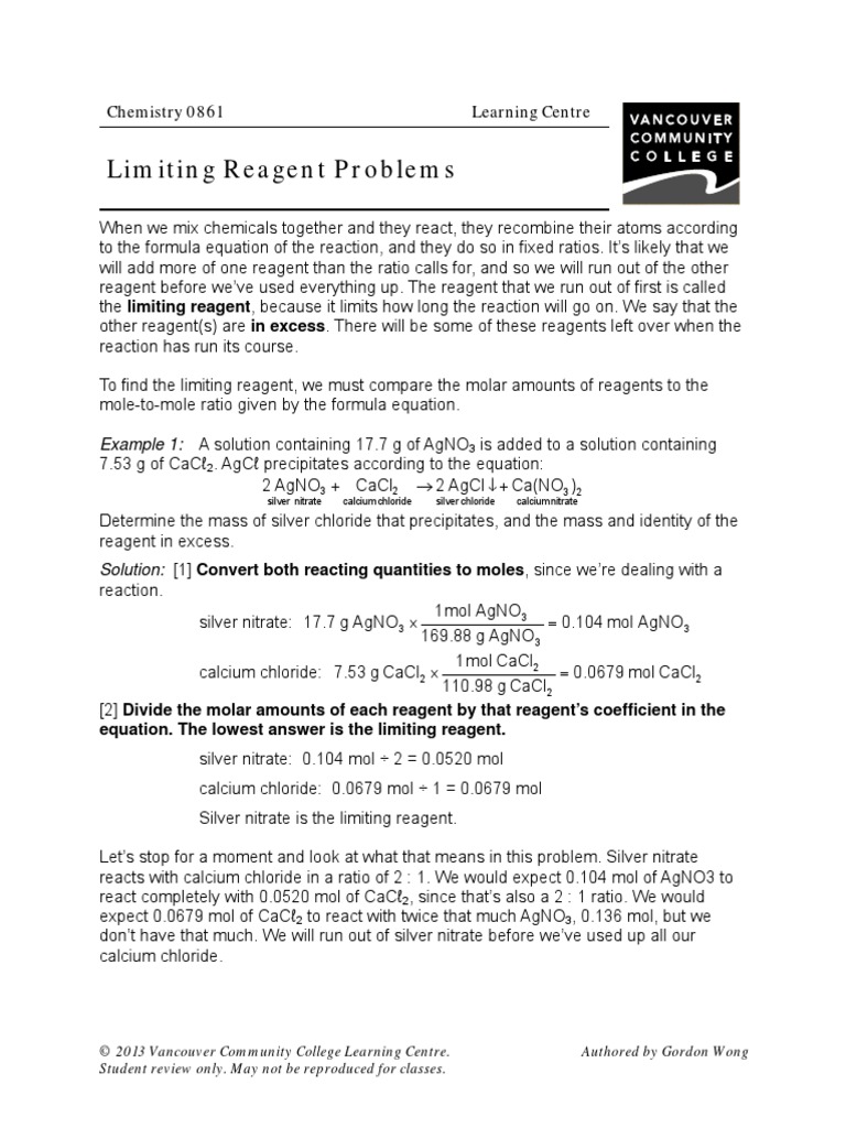 Limiting Reagent Problems: Example 1 | PDF | Mole (Unit ...