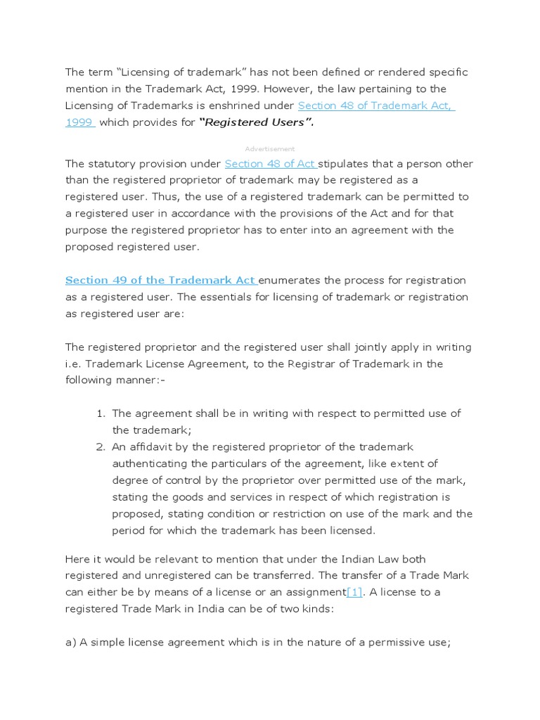 Licensing and Assignment of Trademarks in India | PDF | License ...