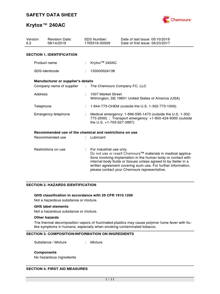 Krytox ™ 240AC: Safety Data Sheet | PDF | Dangerous Goods | Personal ...