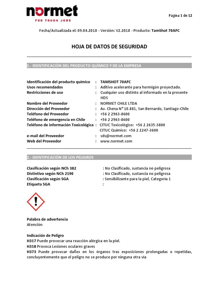 HDS TamShot 70AFC Normet PDF Toxicidad Agua, 40% OFF