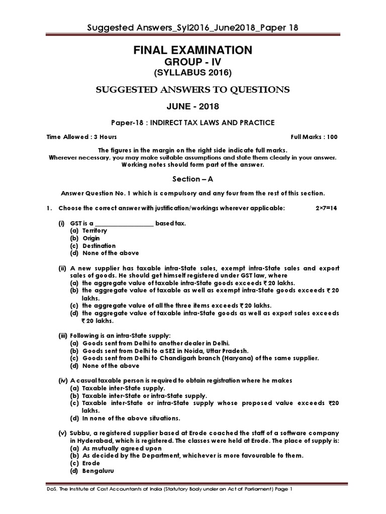 Suggested Answers to Questions on Indirect Tax Laws and Practice based