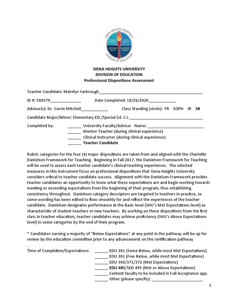 Professional Dispositions Assessment 5 Pdf Teachers Special Education