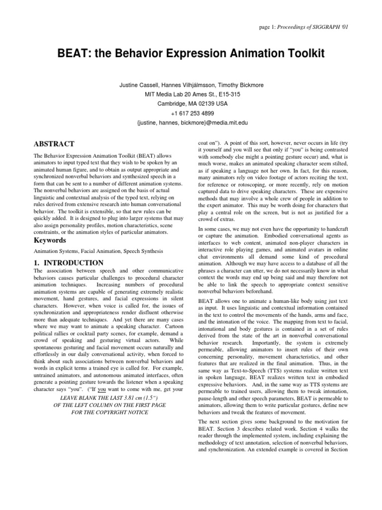 BEAT: The Behavior Expression Animation Toolkit: LEAVE BLANK THE LAST 3 ...