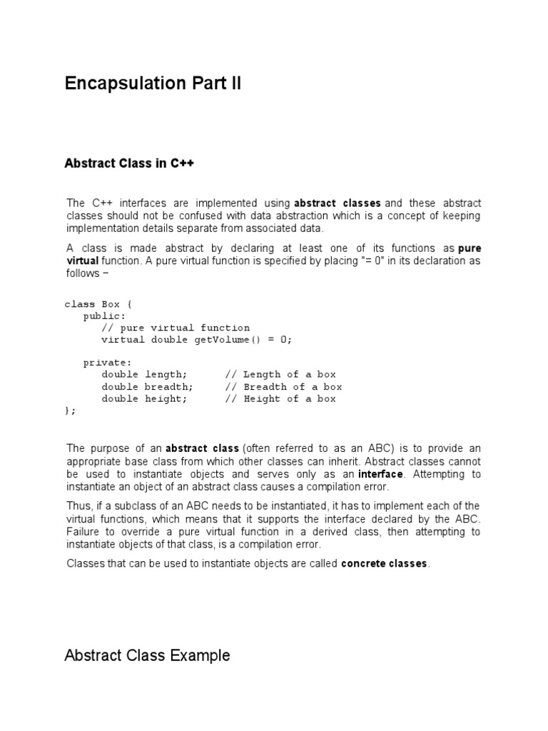 Encapsulation Part II: Abstract Class in C++ | PDF | Class (Computer ...