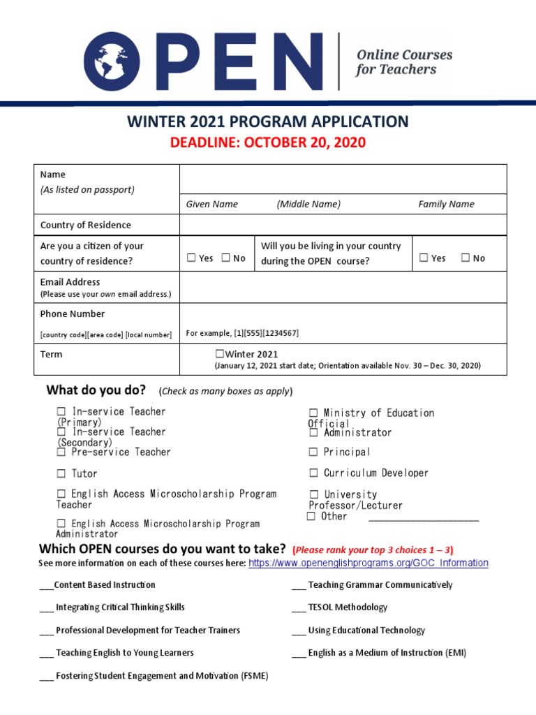 Winter 2021 Program Application Form | PDF | Educational Technology ...
