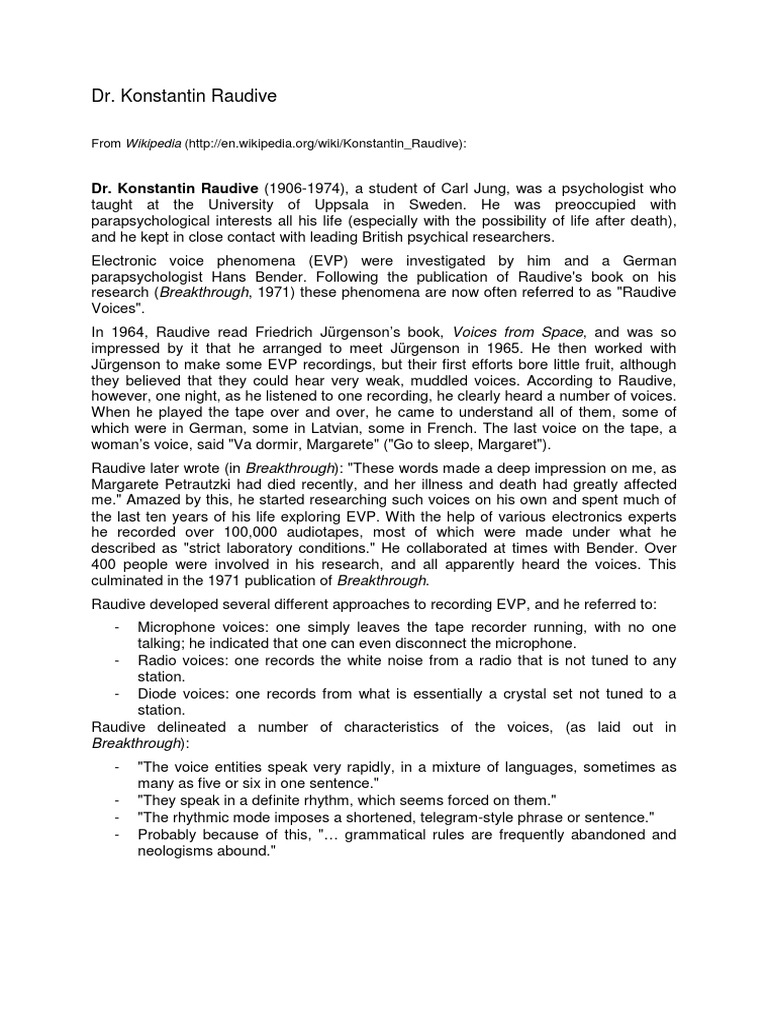 Konstantin Raudive and EVP Research | PDF | Forteana | Parapsychology