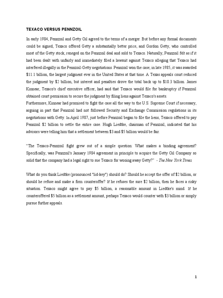 TEXACO VERSUS PENNZOIL and The Summer Job Cases PDF Justice Crime