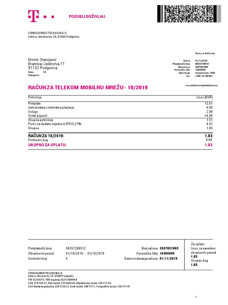 Racun Telekom E037831865 201910 | PDF