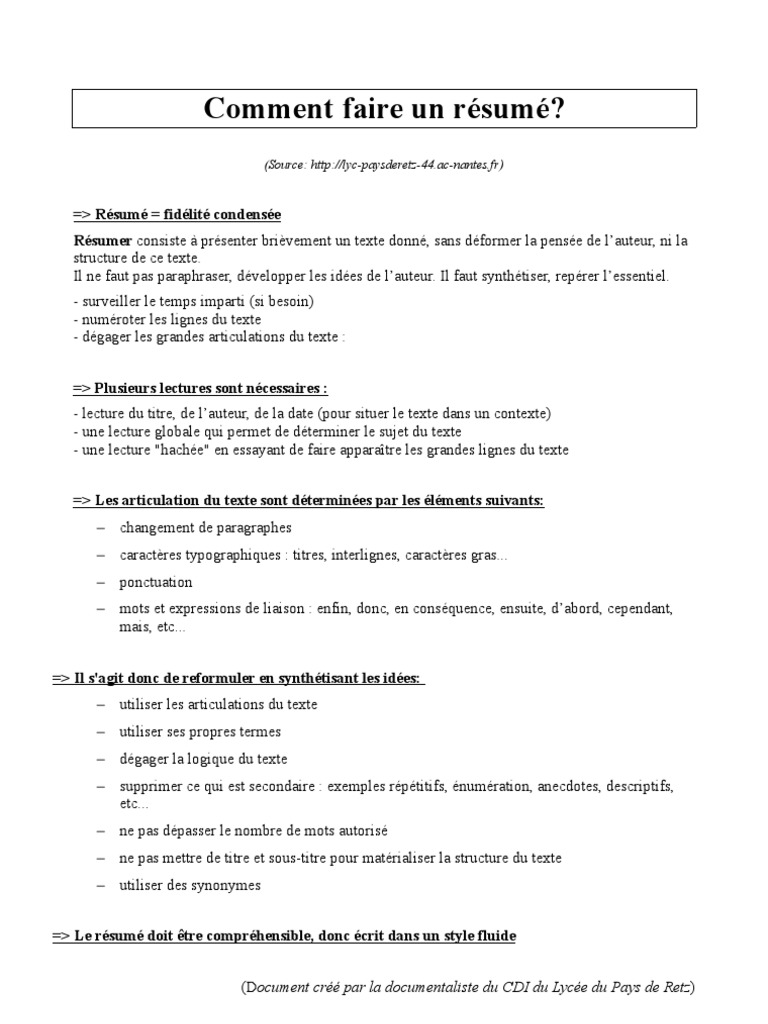 Methode Pour Resumer Un Texte