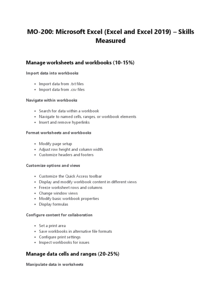 Excel MO-200 Skills Overview | PDF | Microsoft Excel | Spreadsheet