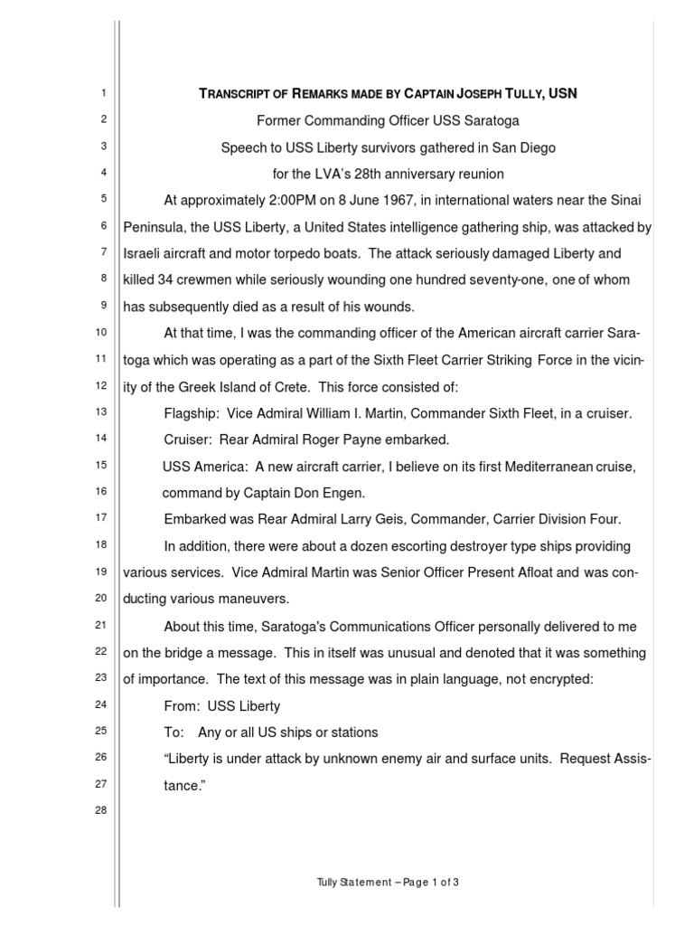 USS Liberty Transcript of Remarks Made by Captain Joseph Tully, USN PDF Watercraft Warships
