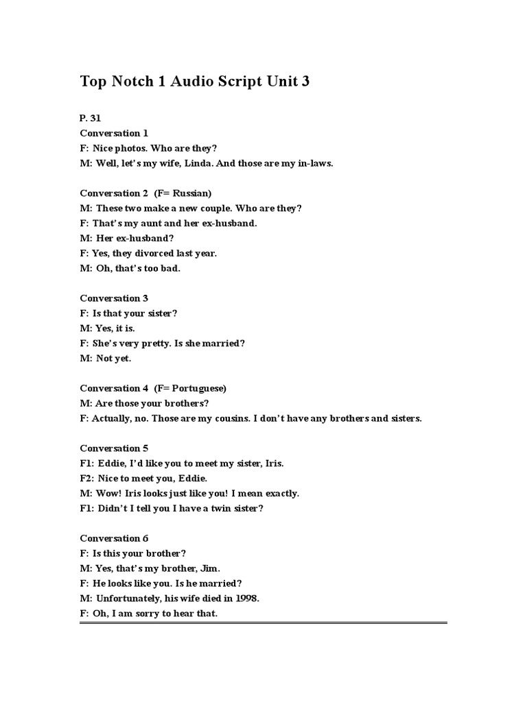 Top Notch 1 Audio Script Unit 3 PDF Family Society