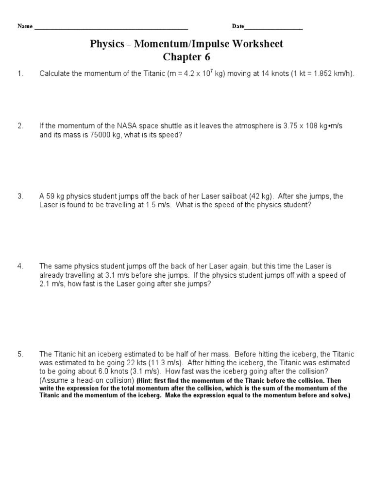 Momentum and Impulse Physics Worksheet | PDF | Momentum | Collision