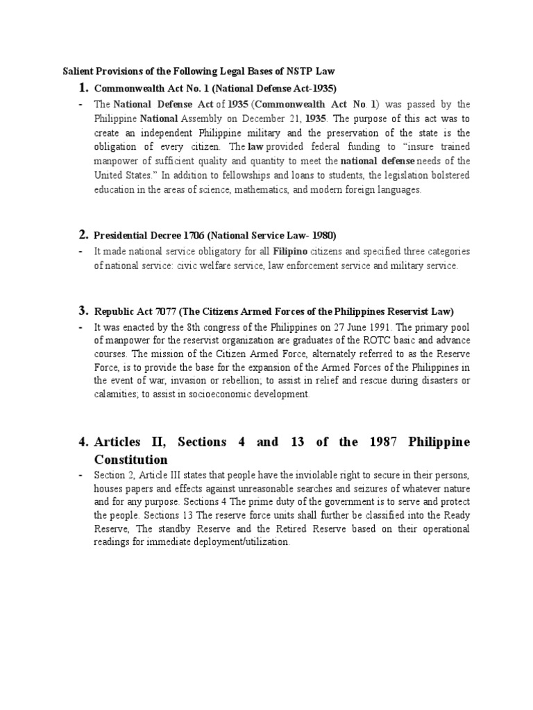 Salient Provisions of The Following Legal Bases of NSTP Law