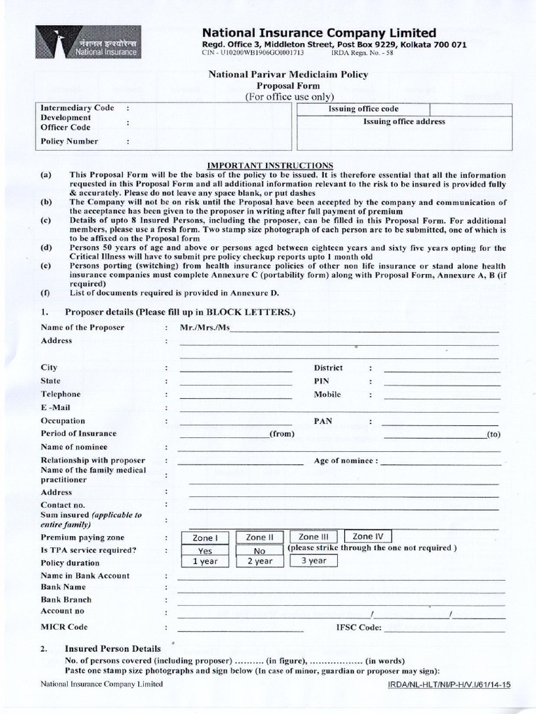 Proposal Form National Parivar Mediclaim Policy | PDF