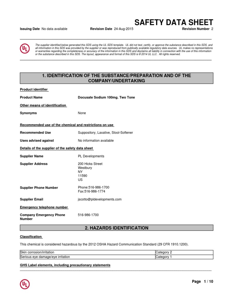 Safety Data Sheet 1. Identification of The Substance/Preparation and