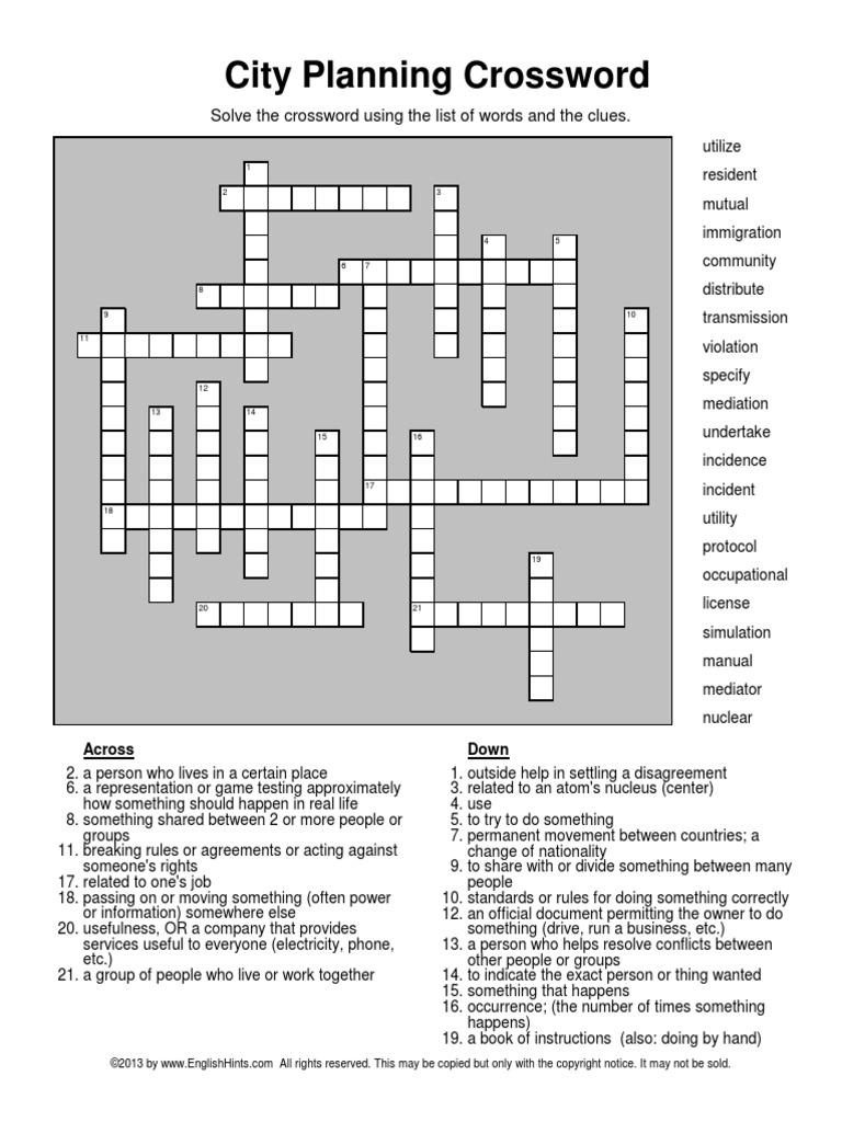 City Planning Crossword Solve The Crossword Using The List of Words