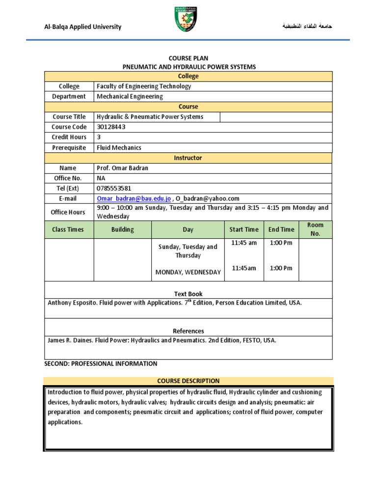 Course Syllabus HydraulicPneumaticBadranJun2020 PDF Hydraulics