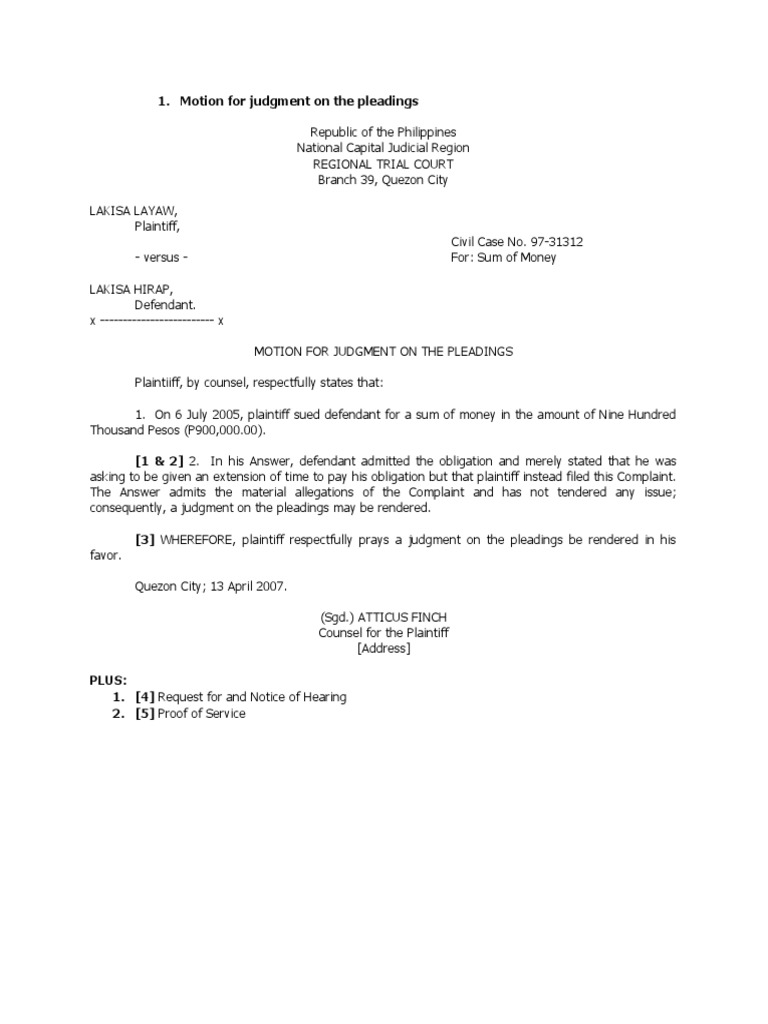Motion For Judgment On The Pleadings PDF Pleading Summary Judgment