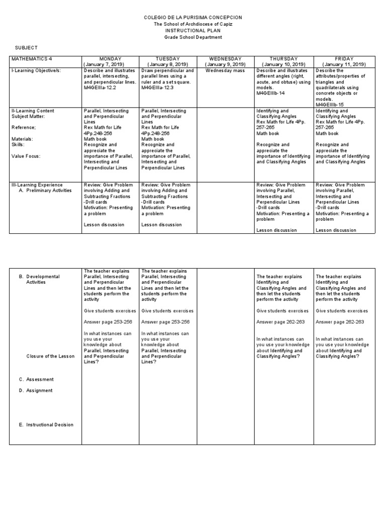 Mathematics Instructional Plans for Grades 4 and 5 at Colegio de la