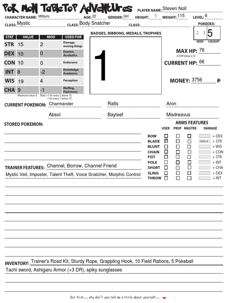 STR Dex Con Int Wis Cha Max HP: - Current HP: - Money: - P | PDF ...