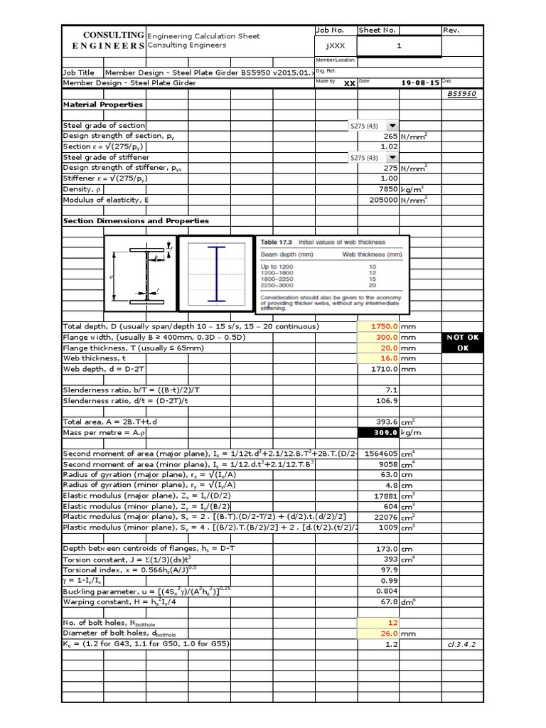 Steel Plate Girder Design Sheet | PDF | Buckling | Bending