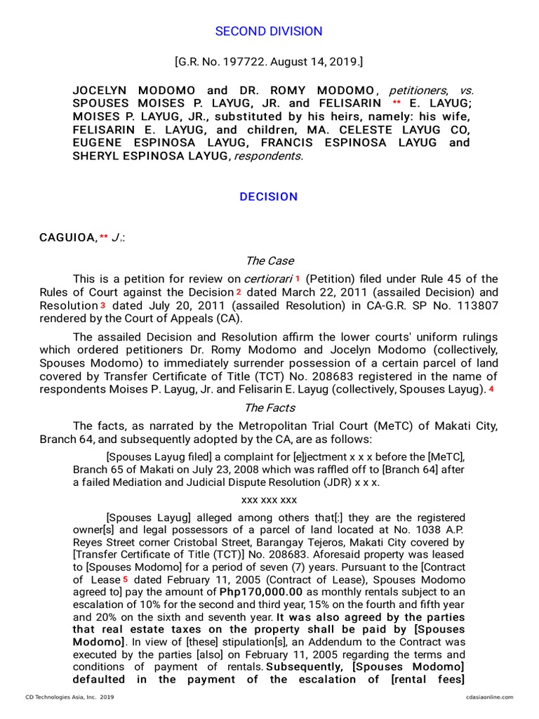 Ejectment Case: Modomo vs. Layug Decision | PDF | Lease | Renting