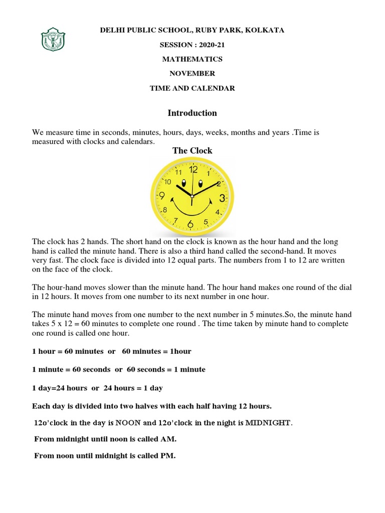 Time and Calendar for Class 2 | PDF | Hour | Clock