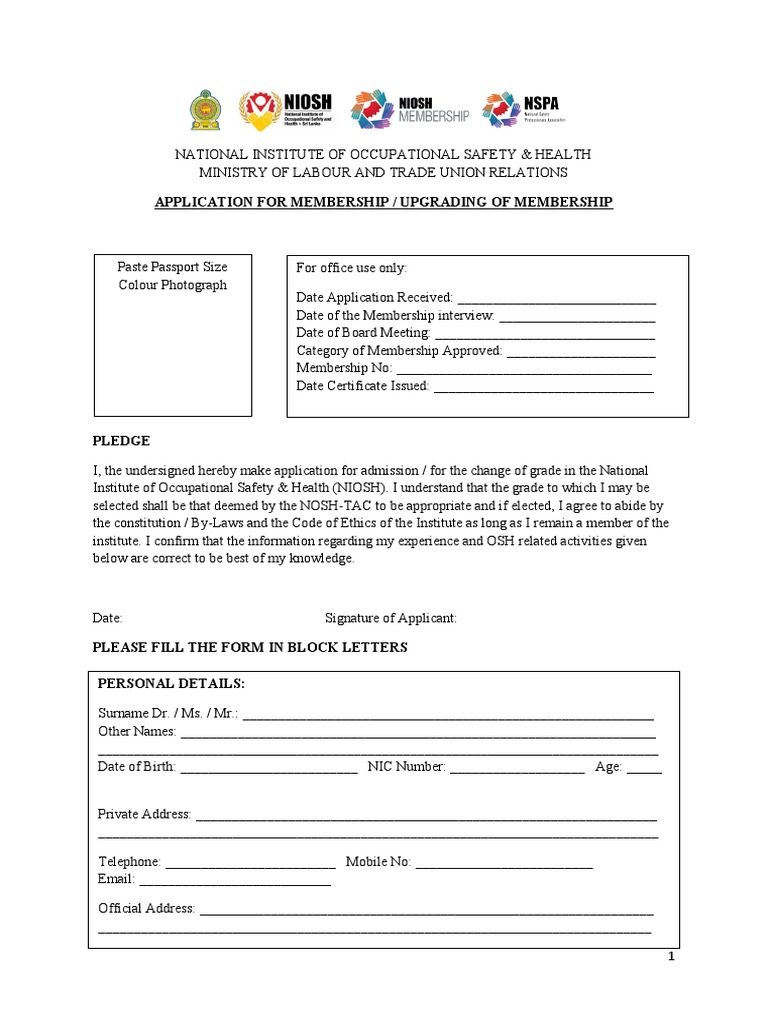 NIOSH Membership Application 2018V PDF Professional Certification