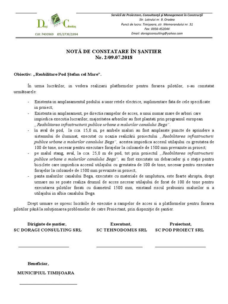 Nota de Constatare 02 Rev. - 09.07.2018 - POD STEFAN CEL MARE | PDF