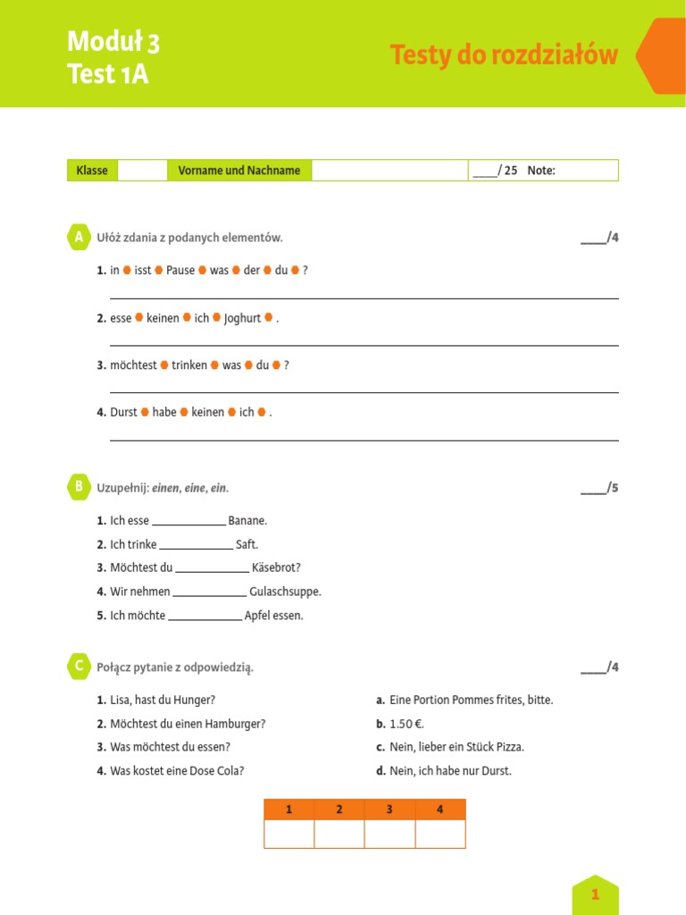 Sprawdzian Z Niemieckiego Klasa 8 Dział 1 Pdf