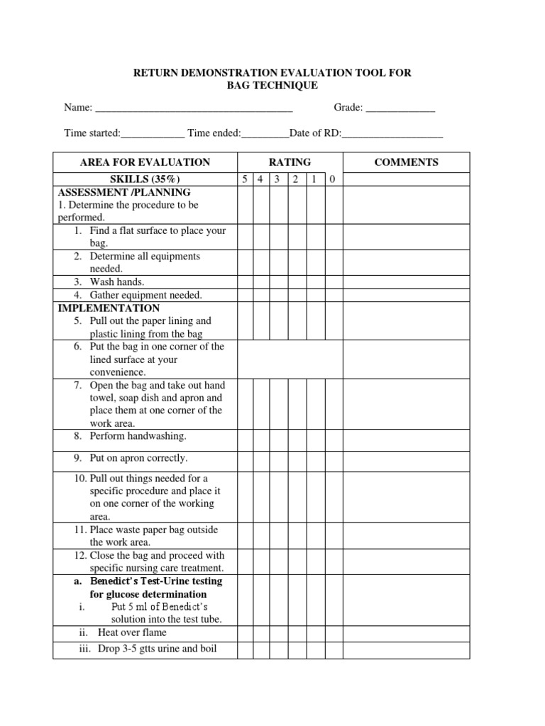 Bag Technique Checklist PDF Hand Washing Evaluation