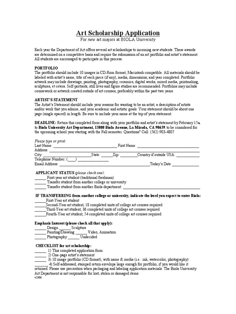 Art Scholarship Application: For New Art Majors at BIOLA University ...