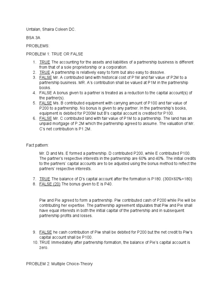 Partnership Formation and Bonus Method | PDF | Debits And Credits ...