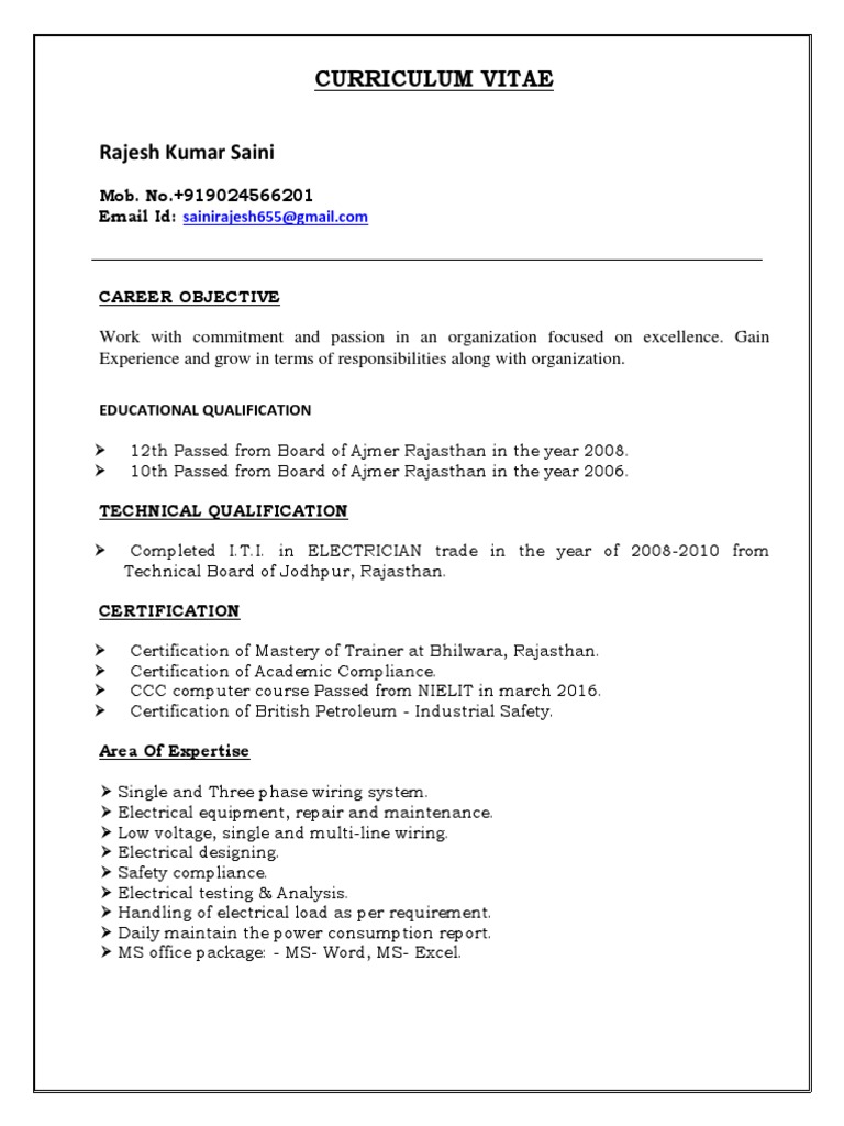 Rajesh CV PDF | PDF | Electrician | Electrical Engineering