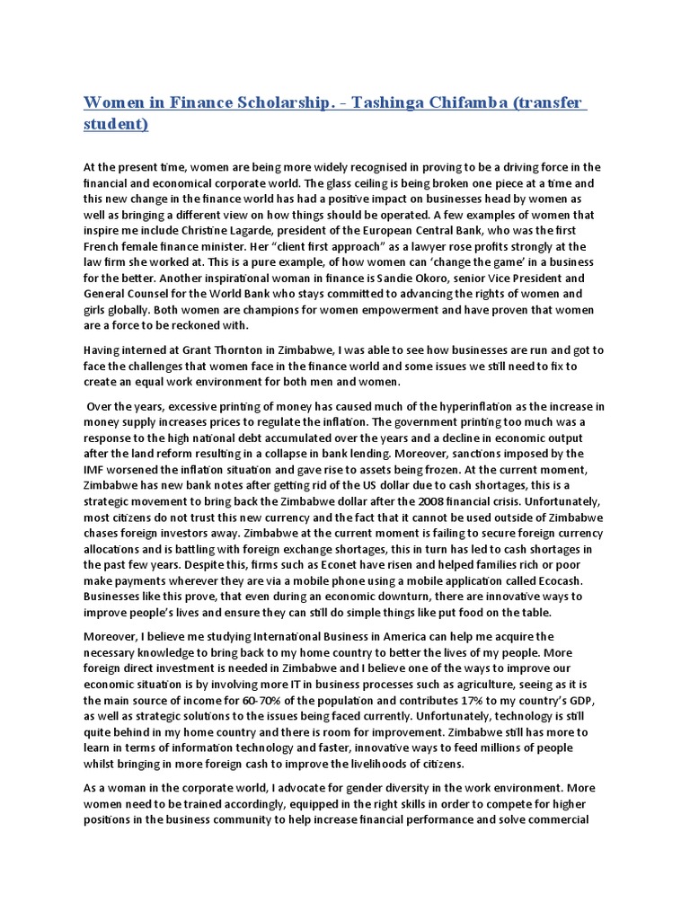 Women in Finance Scholarship | PDF | Financial Crisis Of 2007–08 | Zimbabwe