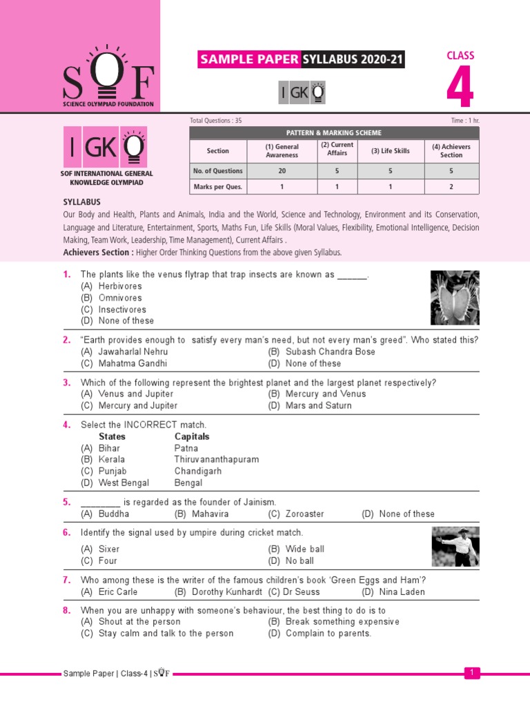 Class 4 IGKO Sample Paper 2024 | PDF | Planets | Sikhism