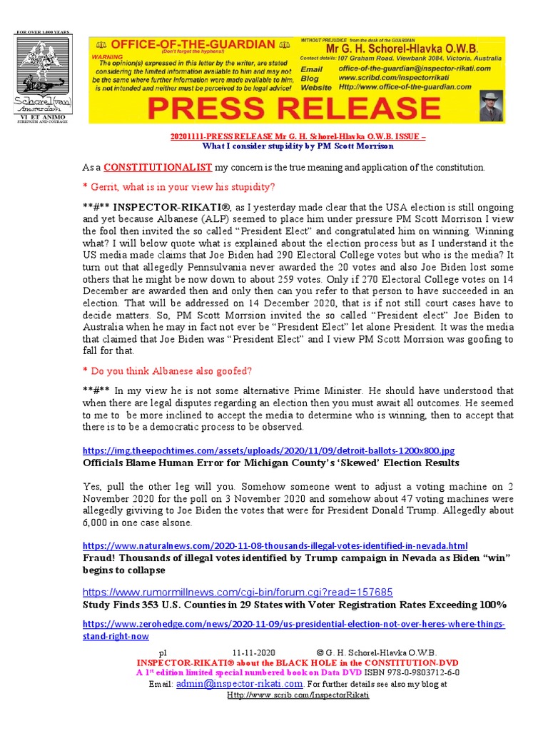 1111 Press Release Mr G H Schorel Hlavka O W B Issue What I Consider Stupidity By Pm Scott Morrison United States Presidential Election Voting