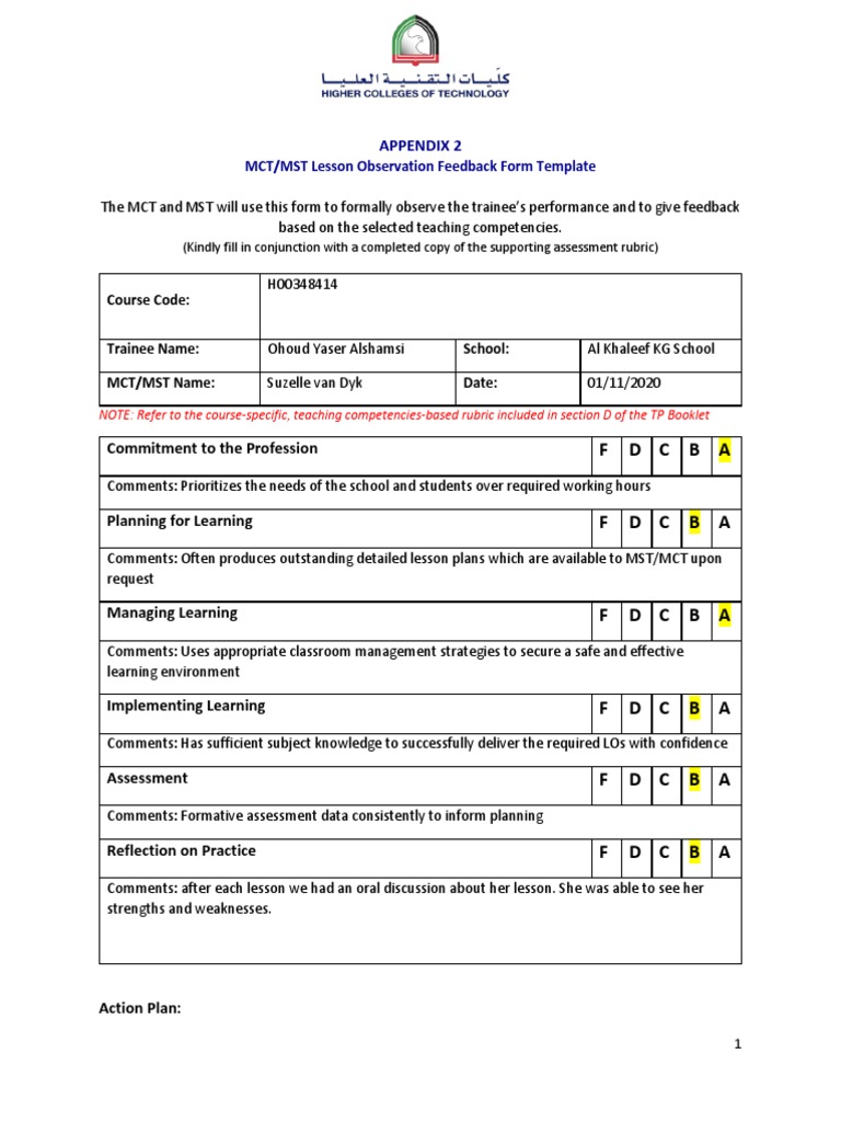 Appendix 2: MCT/MST Lesson Observation Feedback Form Template | PDF ...