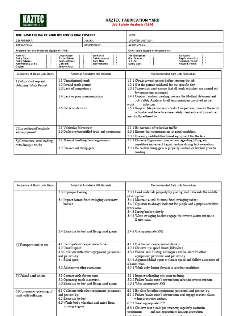 JSA for Sand Filling Operations | PDF | Personal Protective Equipment ...