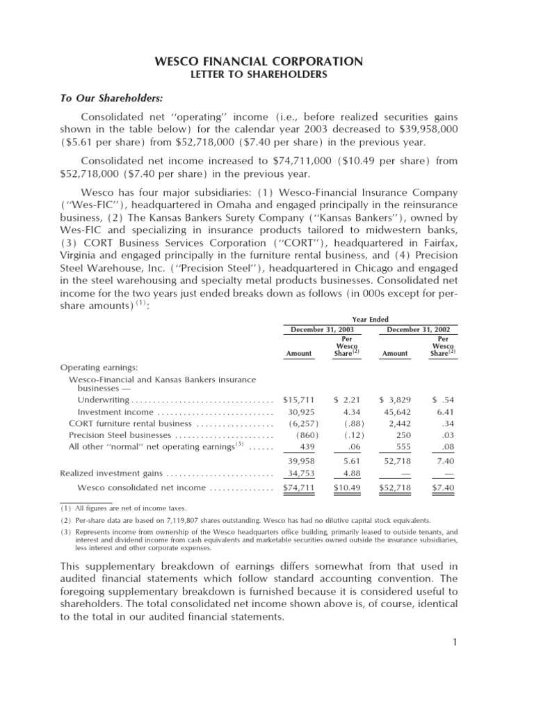 Wesco Financial Corporation To Our Shareholders PDF Goodwill (Accounting) Dividend