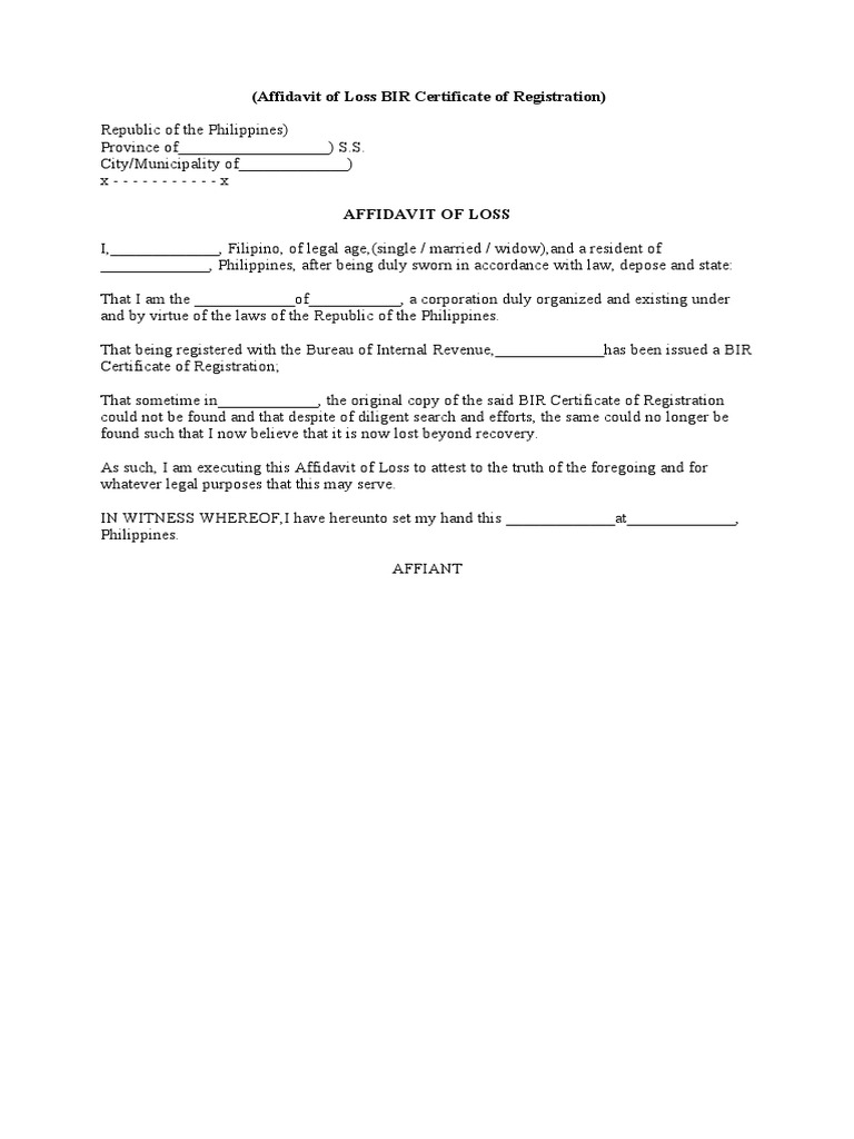 Form No. 30 - Affidavit of Loss BIR Certificate of Registration | PDF