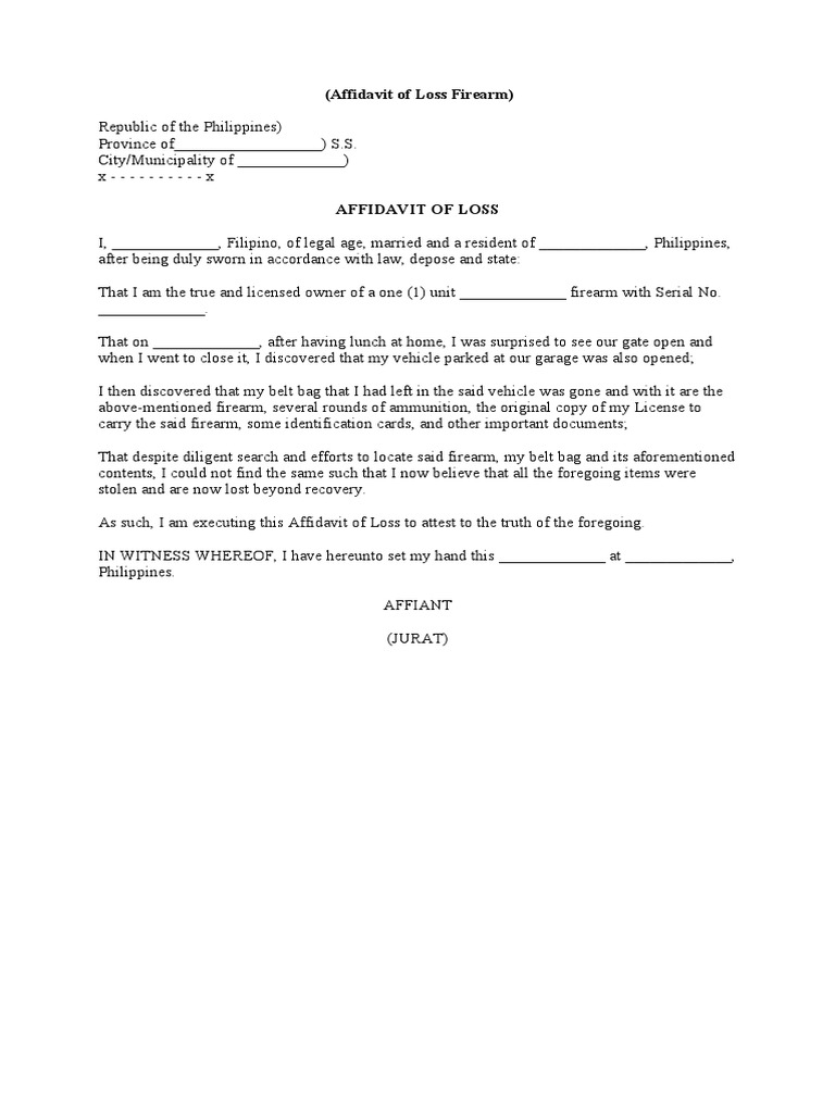 Form No. 33 - Affidavit of Loss Firearm | PDF