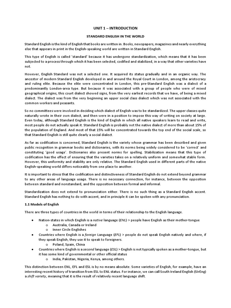 Unit 1 Introduction Standard English in The World Download Free