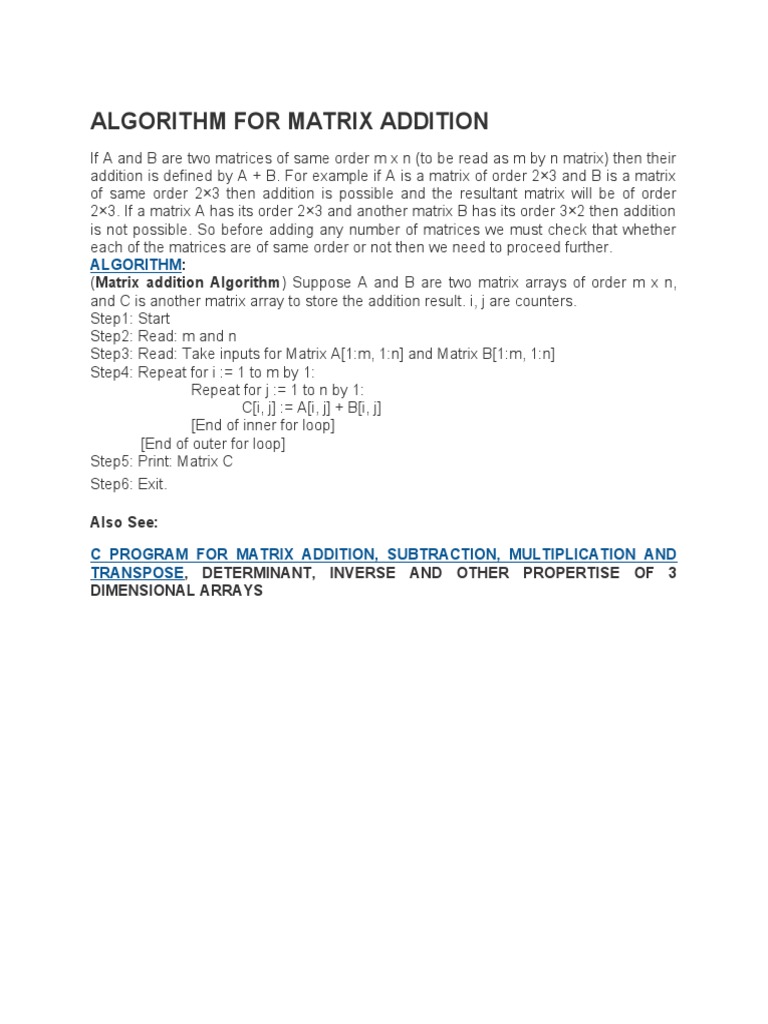 Algorithm For Matrix Addition-1 | PDF | Matrix (Mathematics) | Algorithms